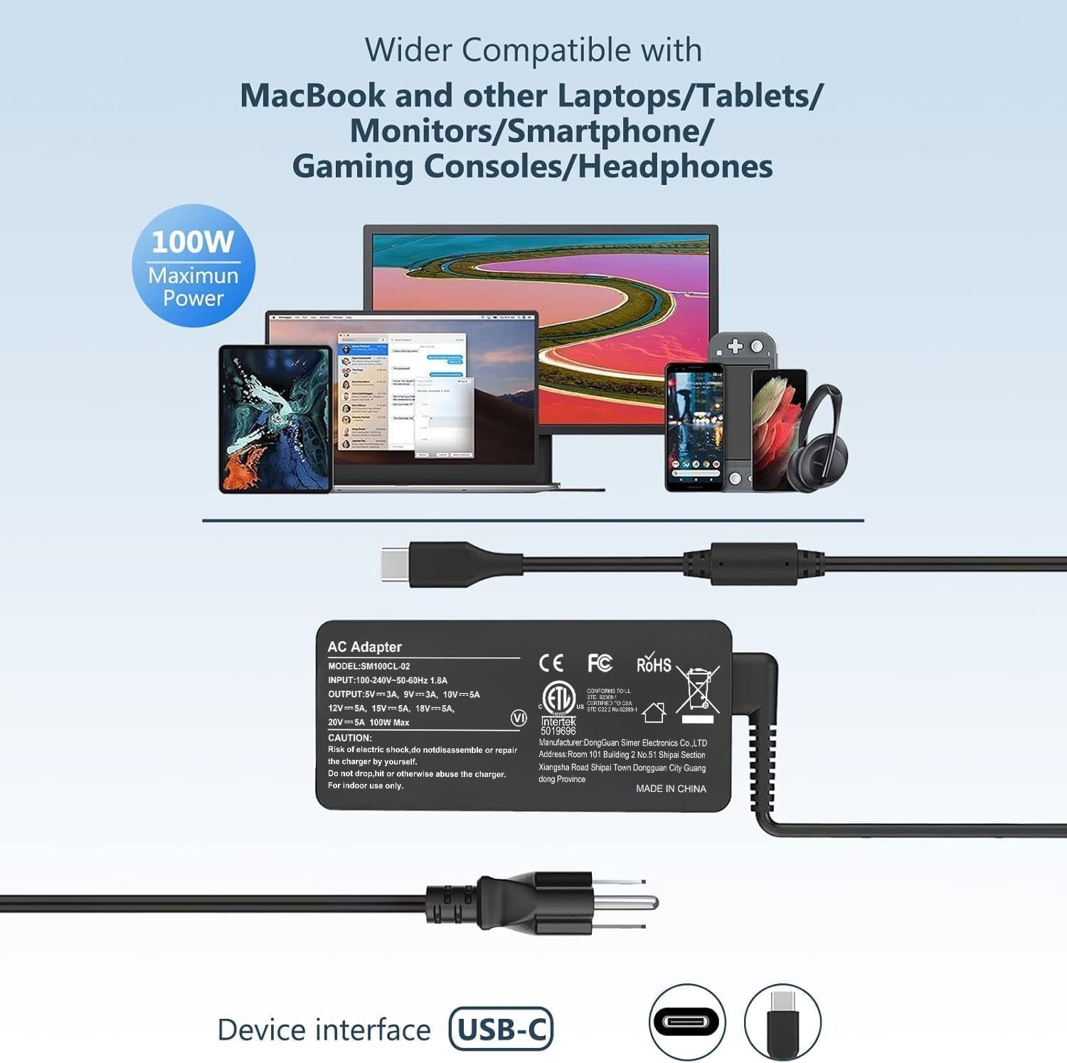 Cargador USB C para laptop, 100 W CA de repuesto para Lenovo, Think...