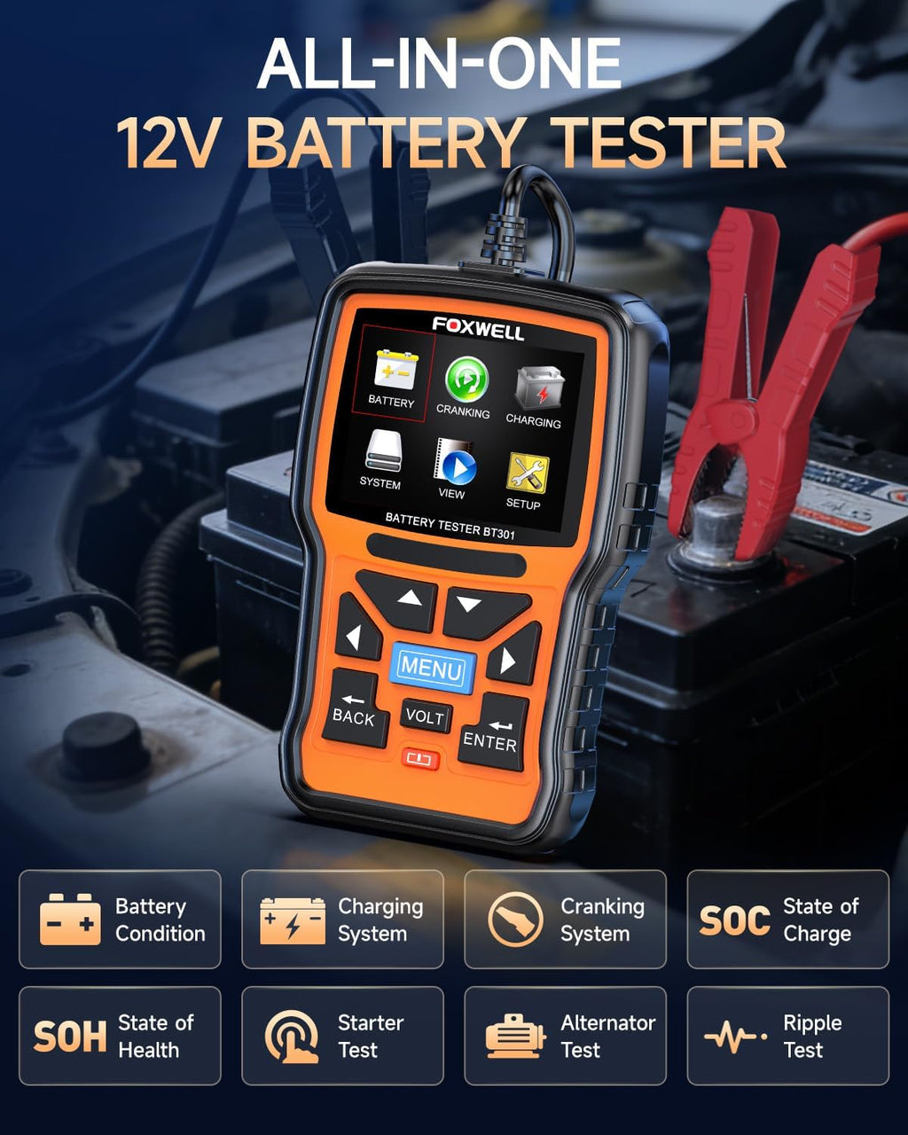 FOXWELL BT301 - Probador de batería de automóvil de 12 V, probador...