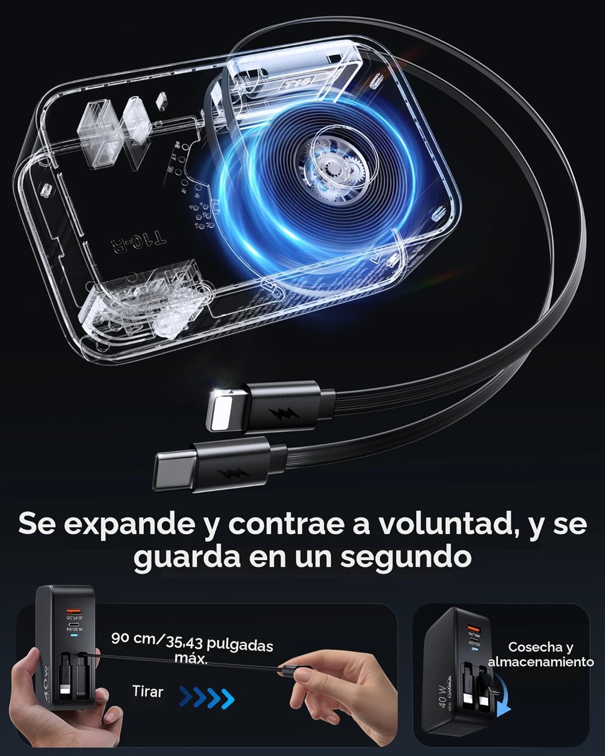 Cargador de pared retráctil 4 en 1 para iPhone 17 USB C, multipuert...
