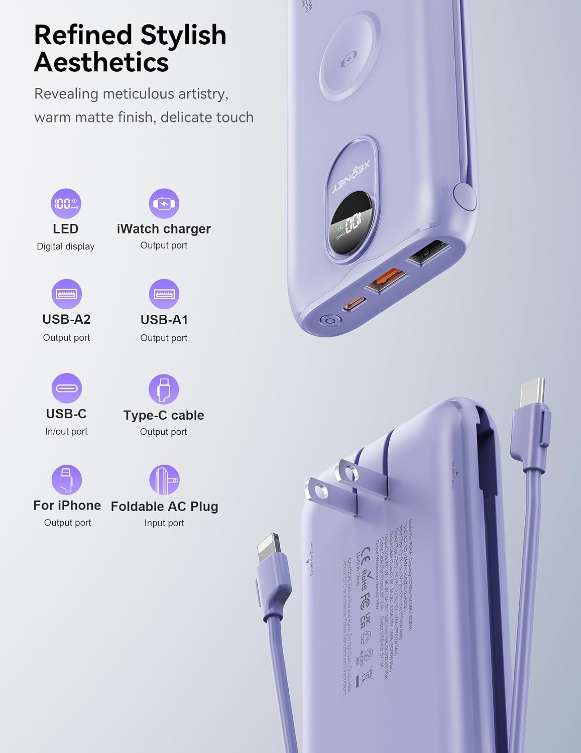 Cargador Portátil XEGNER 10000mAh 20W, Enchufe de Pared, 2 Cables,...