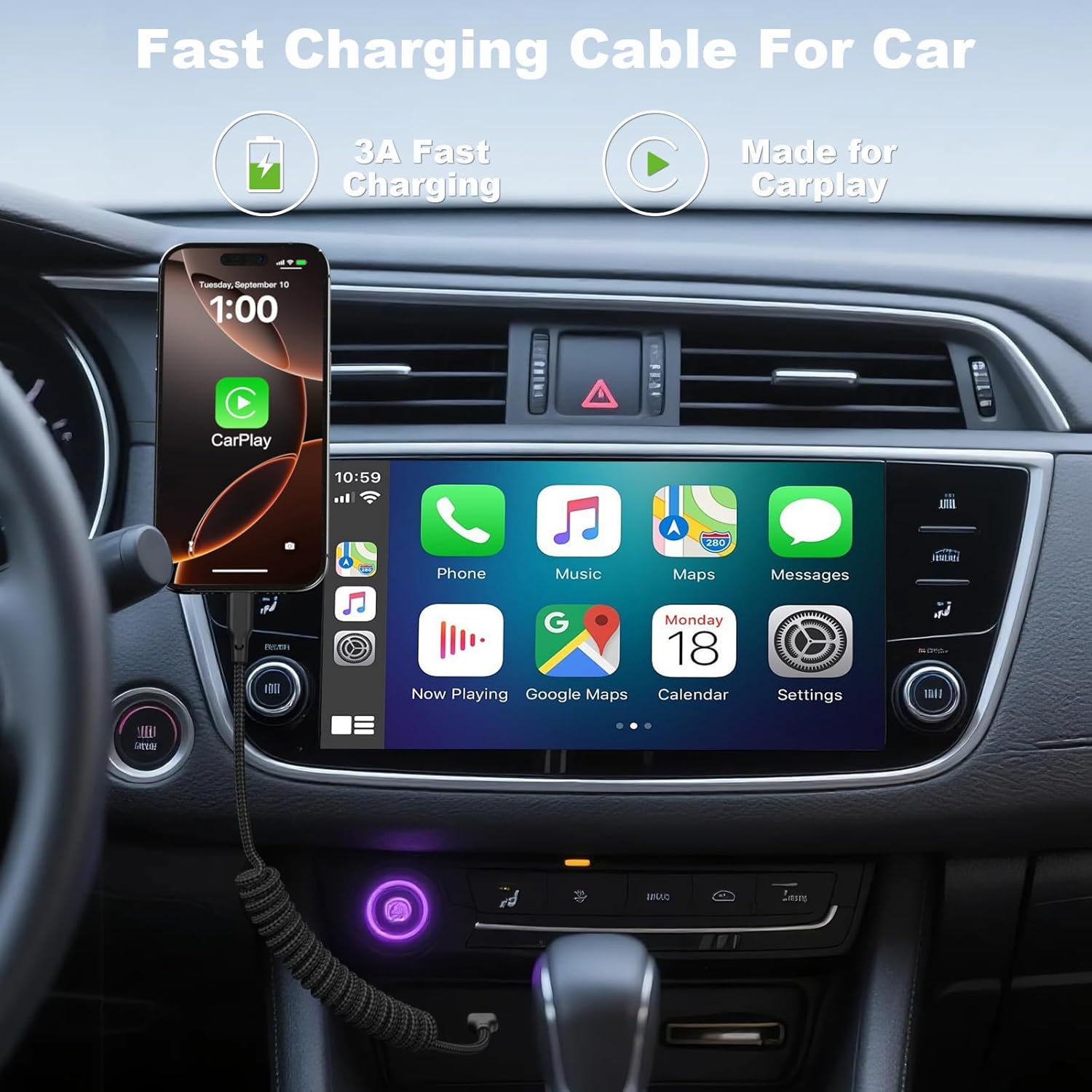 Eettvekd Cargador Carplay en espiral de carga rápida, [2 unidades,...