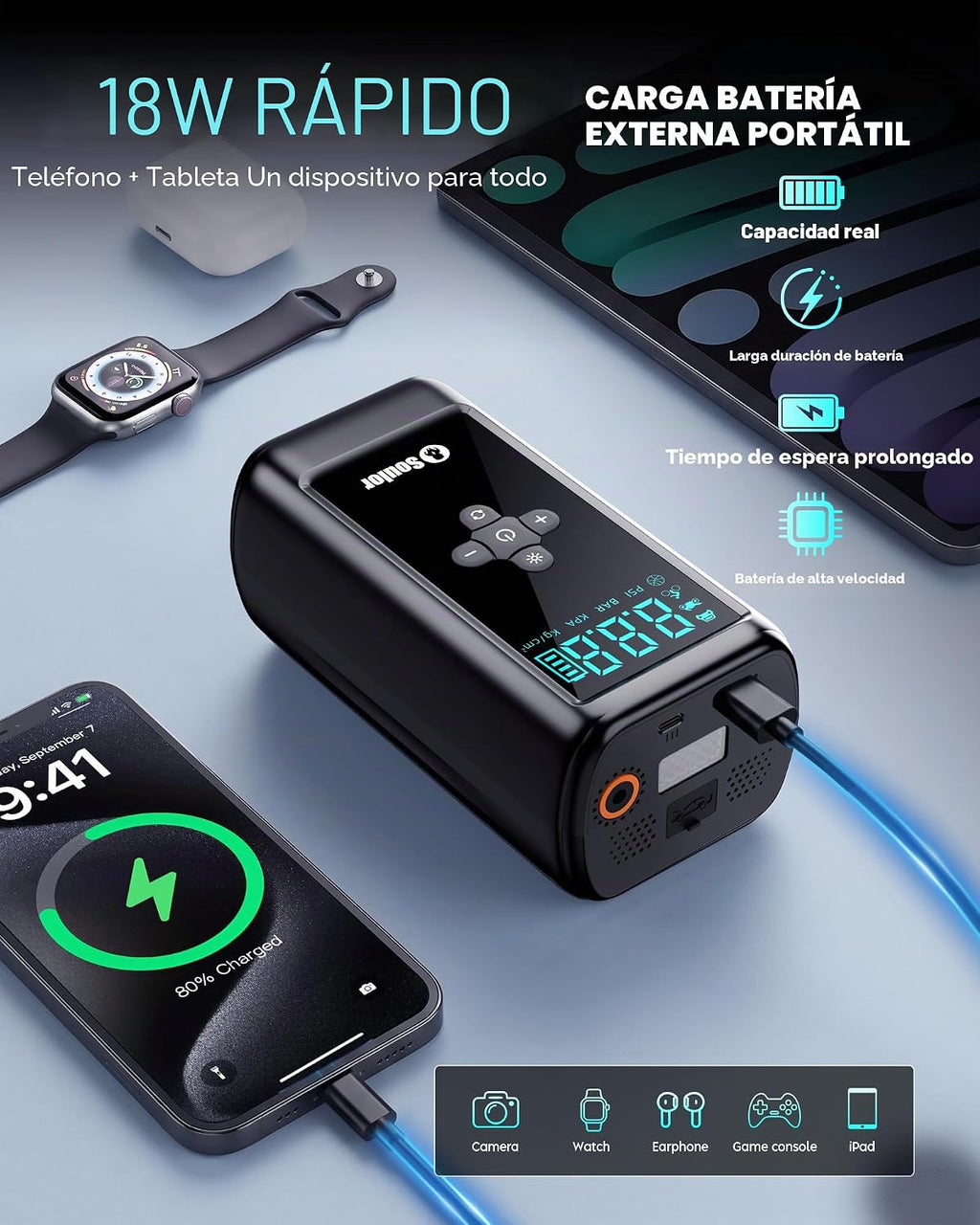 Arrancador con compresor de aire, batería de arranque portátil de 6...