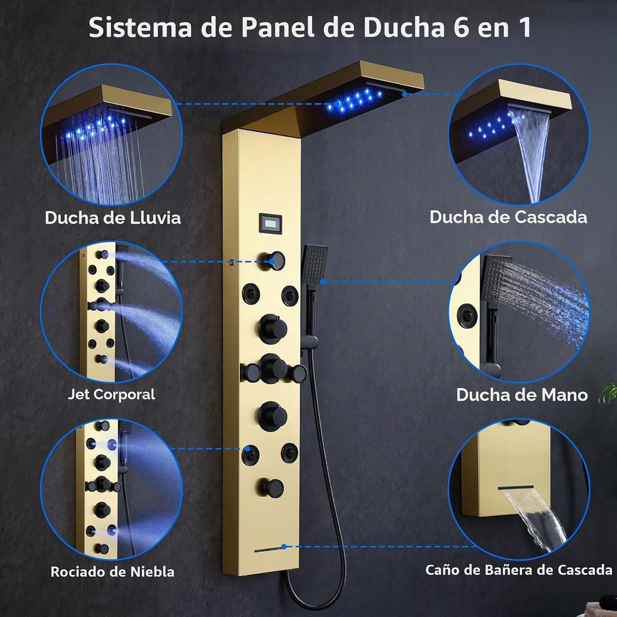 POPFLY Sistema de torre de panel de ducha de cascada LED, 4 chorros...