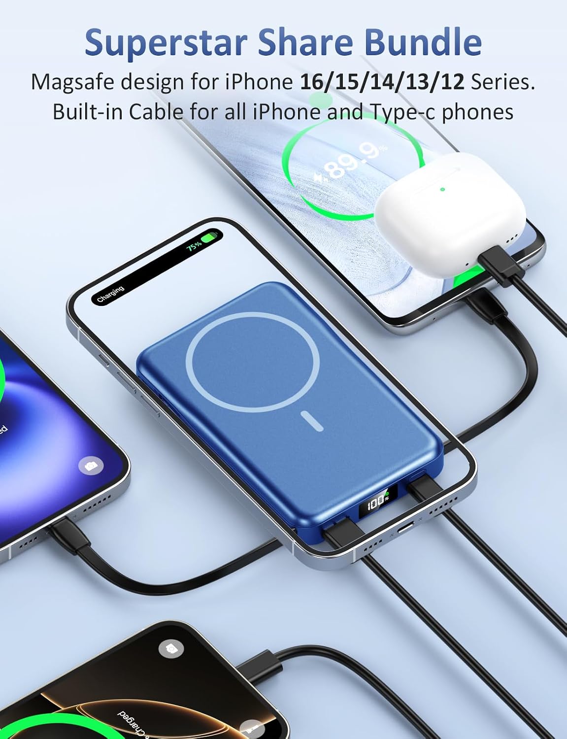 Cargador portátil magnético, banco de energía de 10000 mAh, cargado...