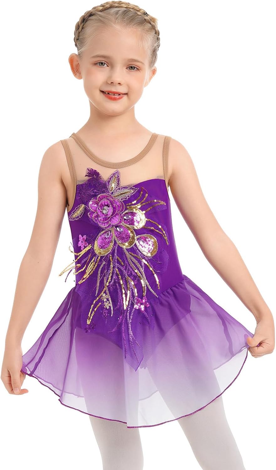 Vestido de patinaje artístico para niñas - Leotardo de malla con fl...