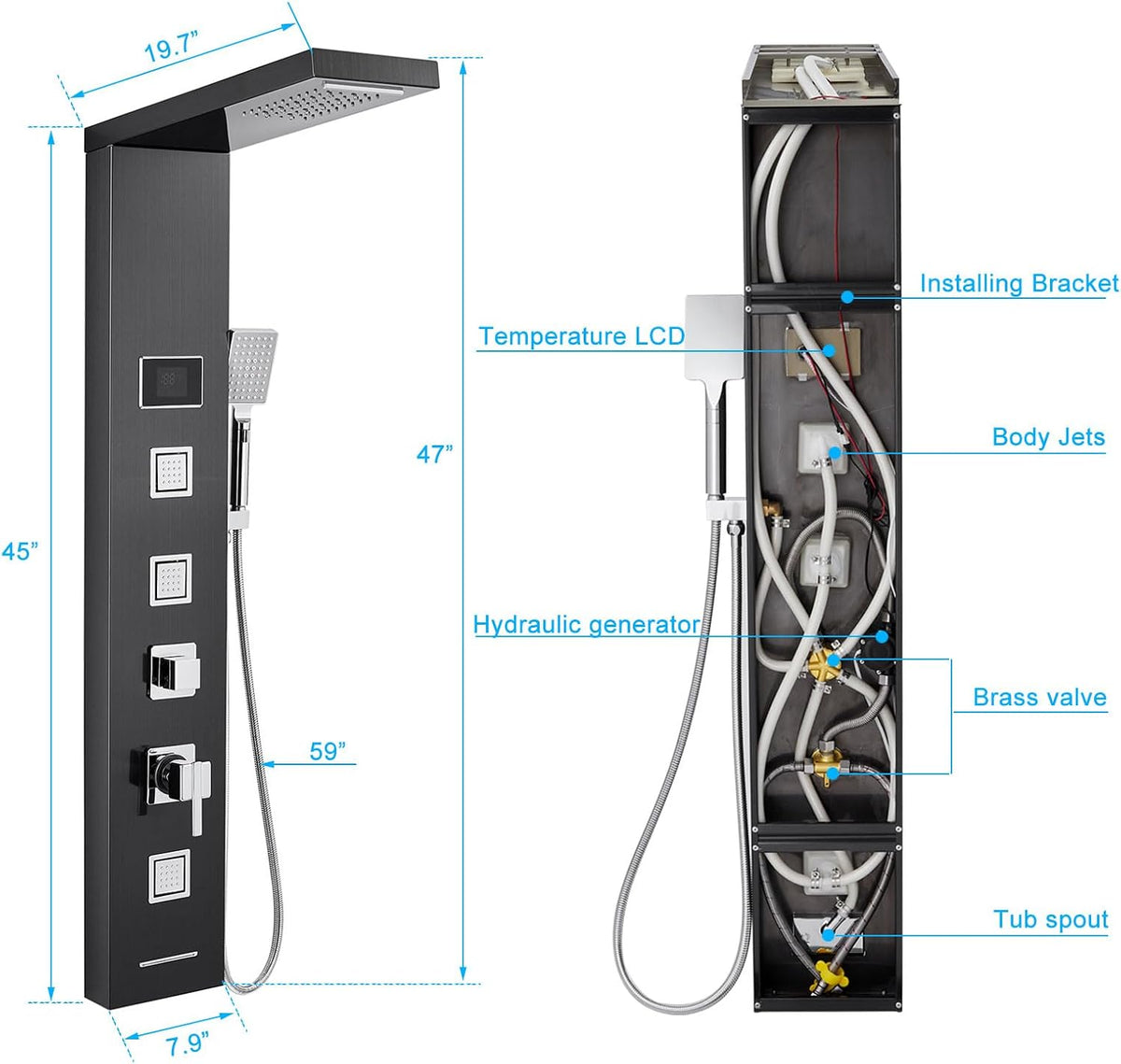 MENATT Sistema de torre de panel de ducha LED 5 en 1 de acero inoxi...