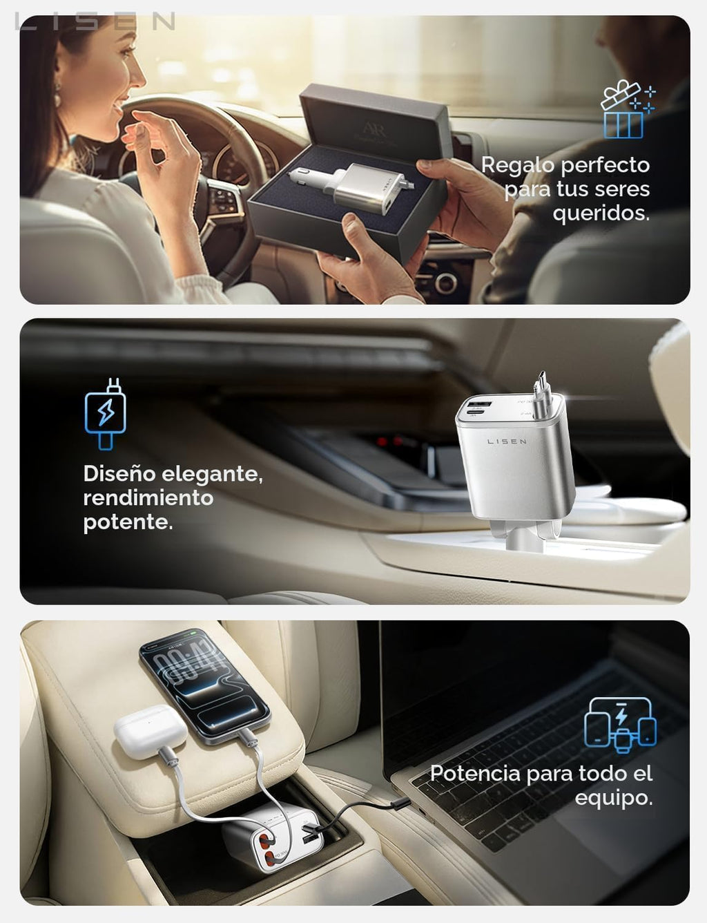 LISEN Cargador retráctil de coche para iPhone, para iPhone 17 Pro M...