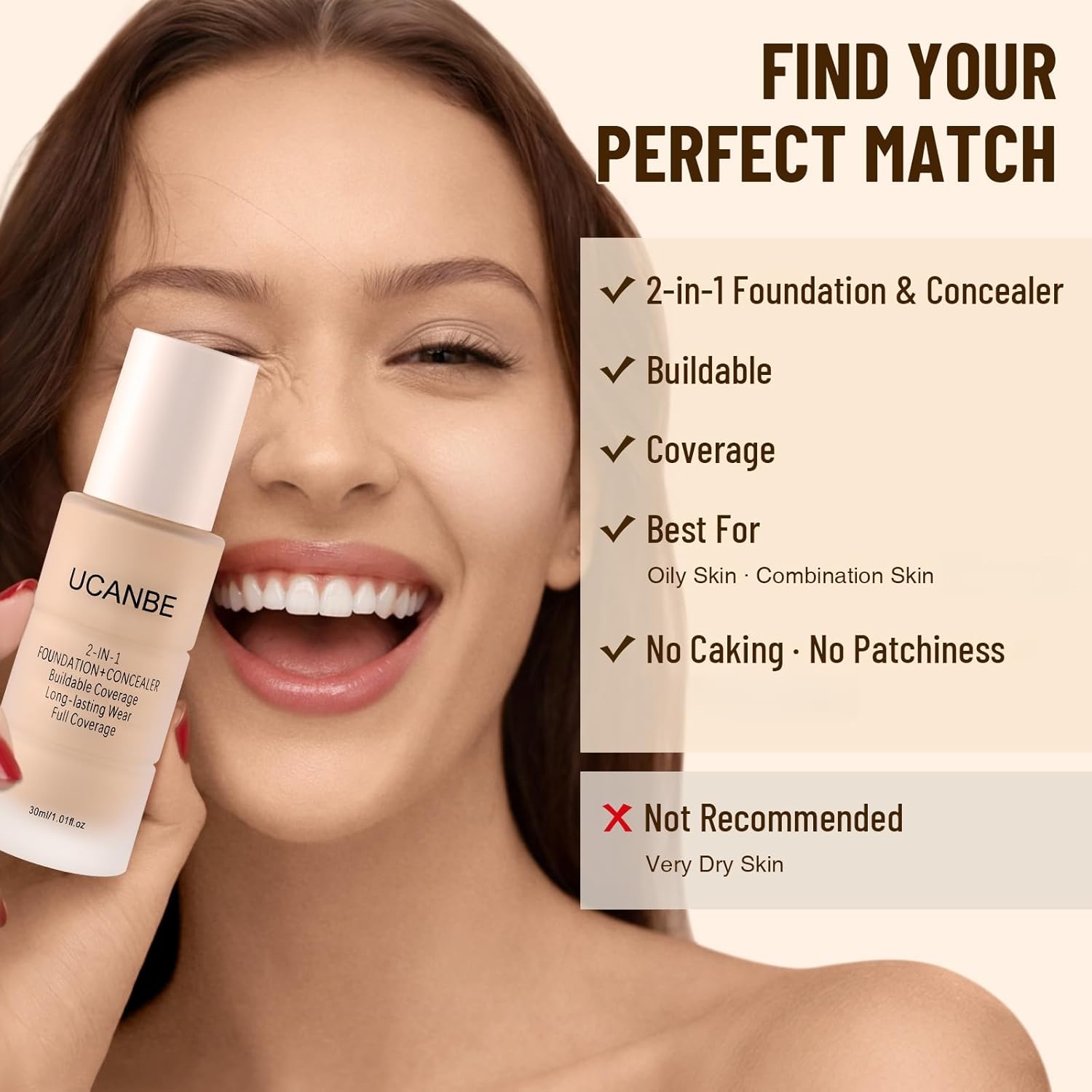 UCANBE Base líquida y corrector 2 en 1, base de maquillaje de cober...