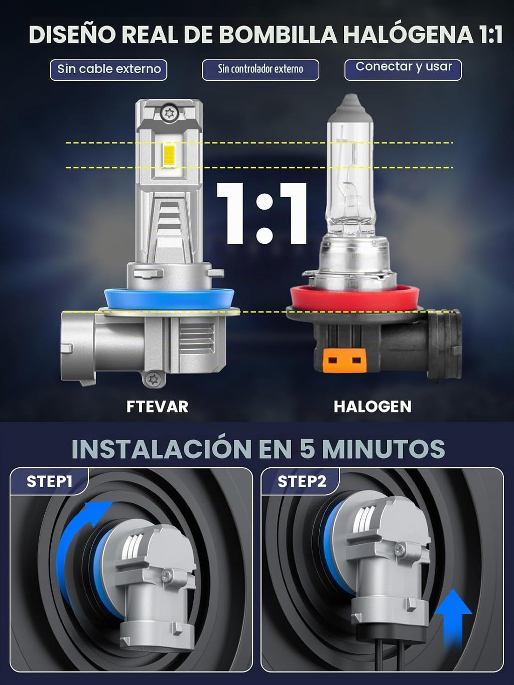 FTEVAR Bombillas H11, luz antiniebla H8 H9, 30000LM 6500K súper bri...