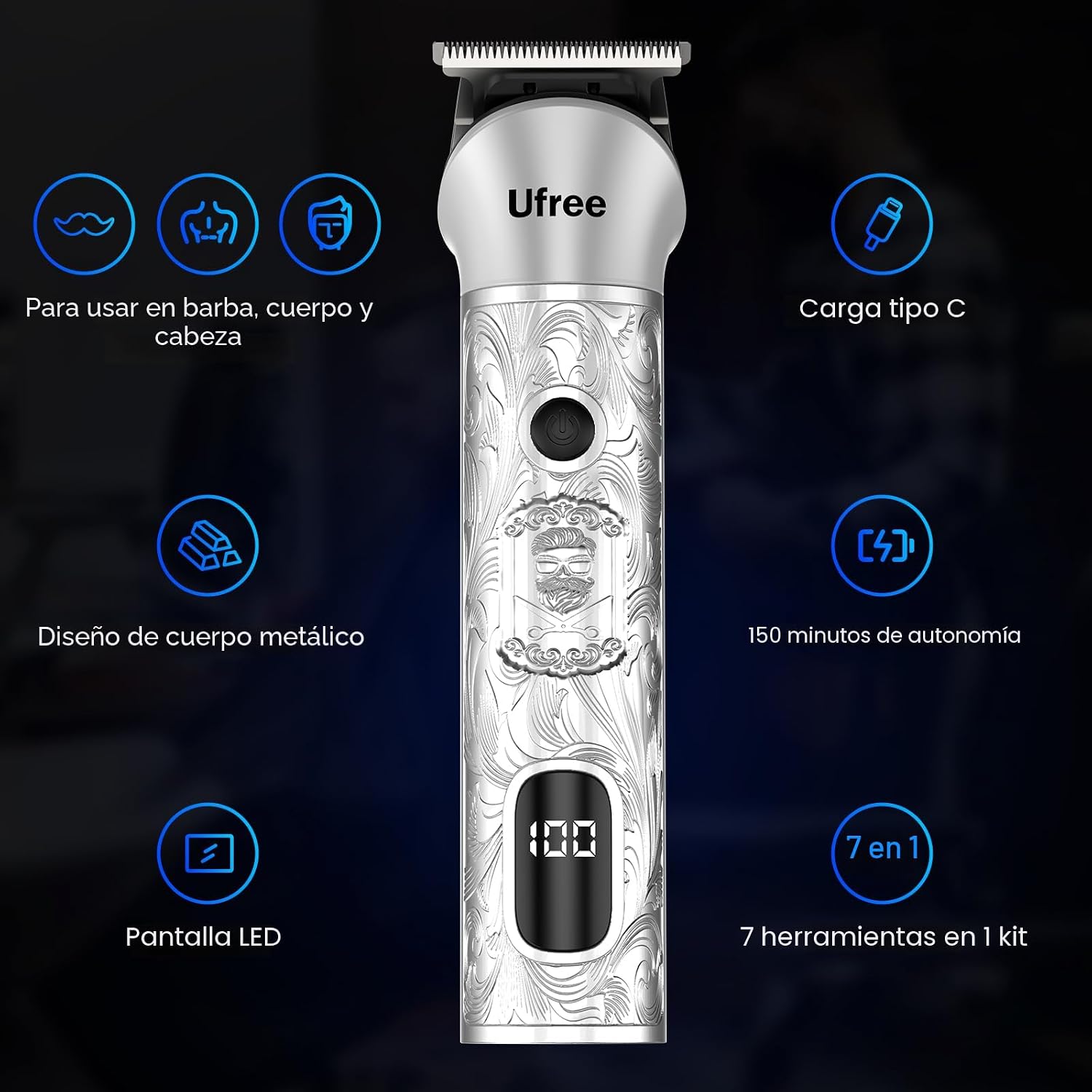 Ufree Recortadora de barba para hombres, afeitadora eléctrica 7 en...