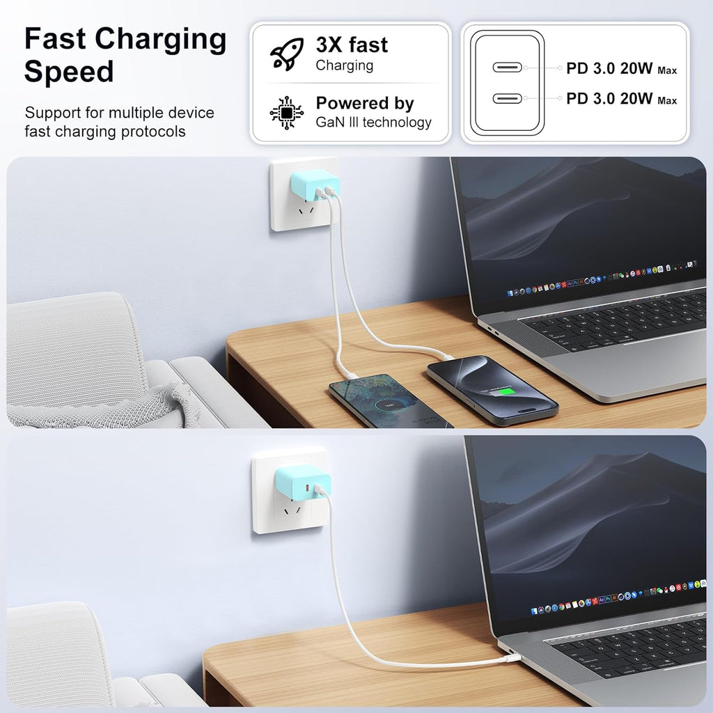 Susnwere Bloque de cargador USB C dual de 40 W, adaptador de corrie...