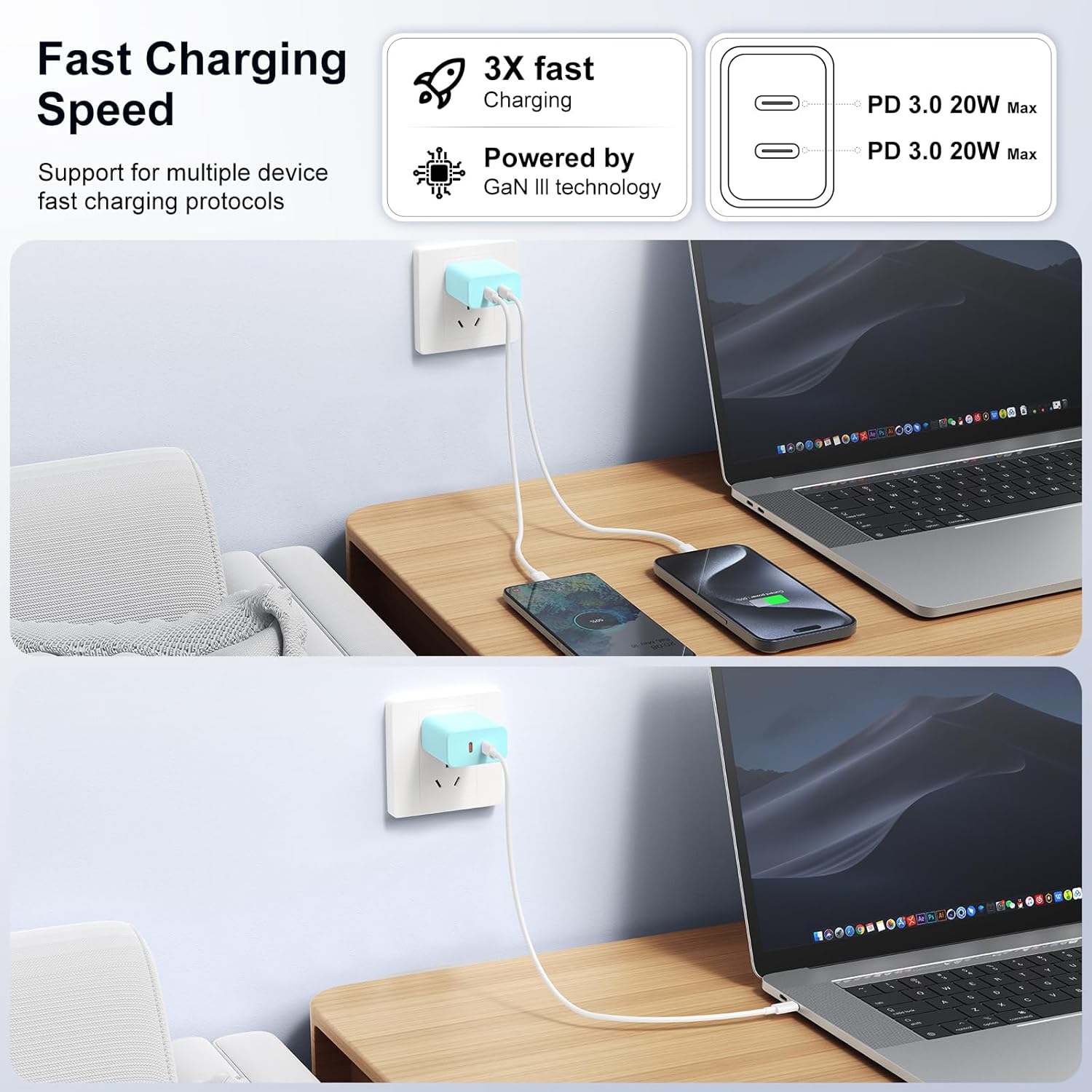Susnwere Bloque de cargador USB C dual de 40 W, adaptador de corrie...