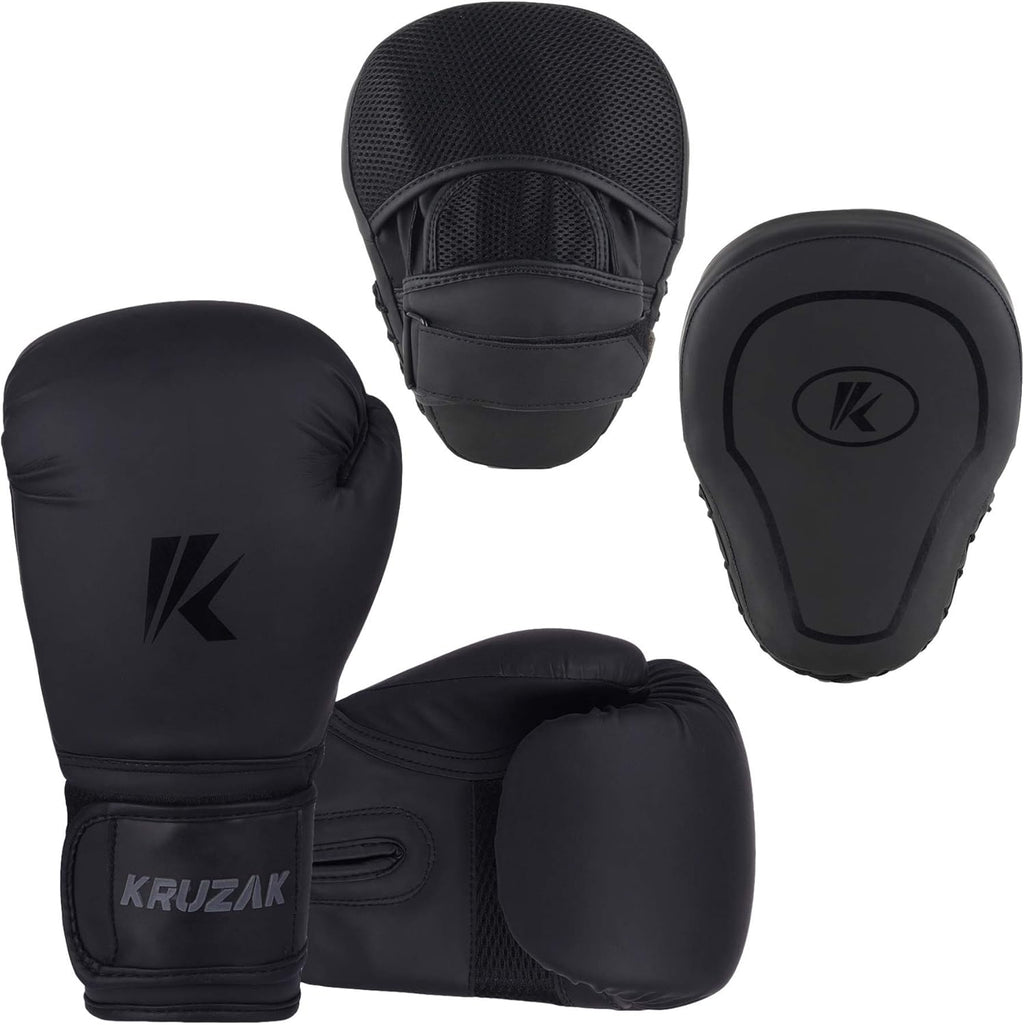 Kruzak - Guantes y almohadillas de boxeo negro mate, juego de entre...