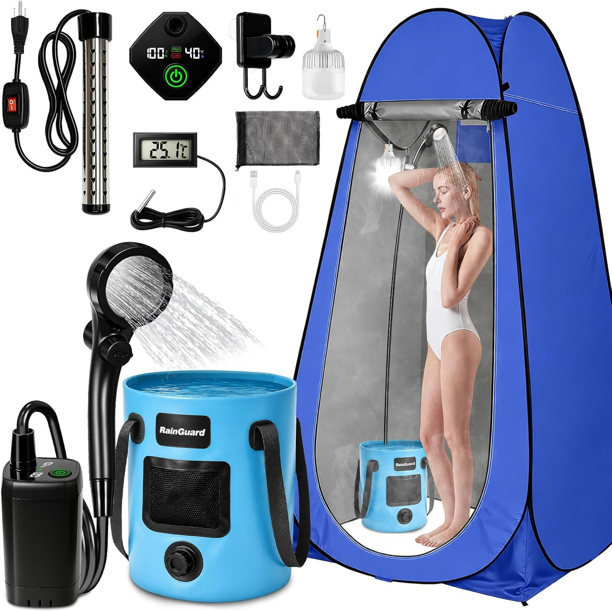 Ducha portátil con calentador, kit de tienda de campaña de privacid...