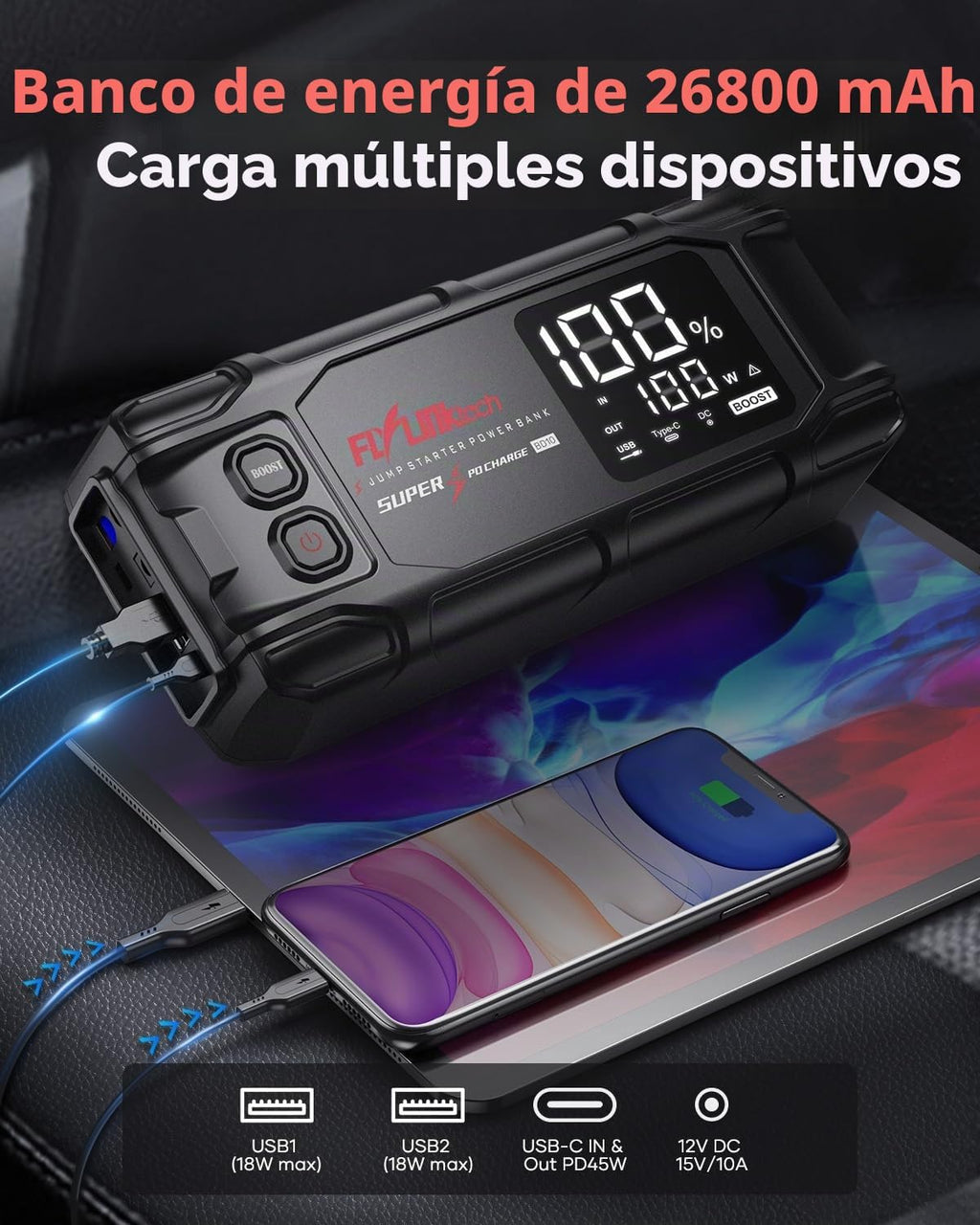 FLYLINKTECH Arrancador de batería de automóvil, 6000 A pico 26800 m...