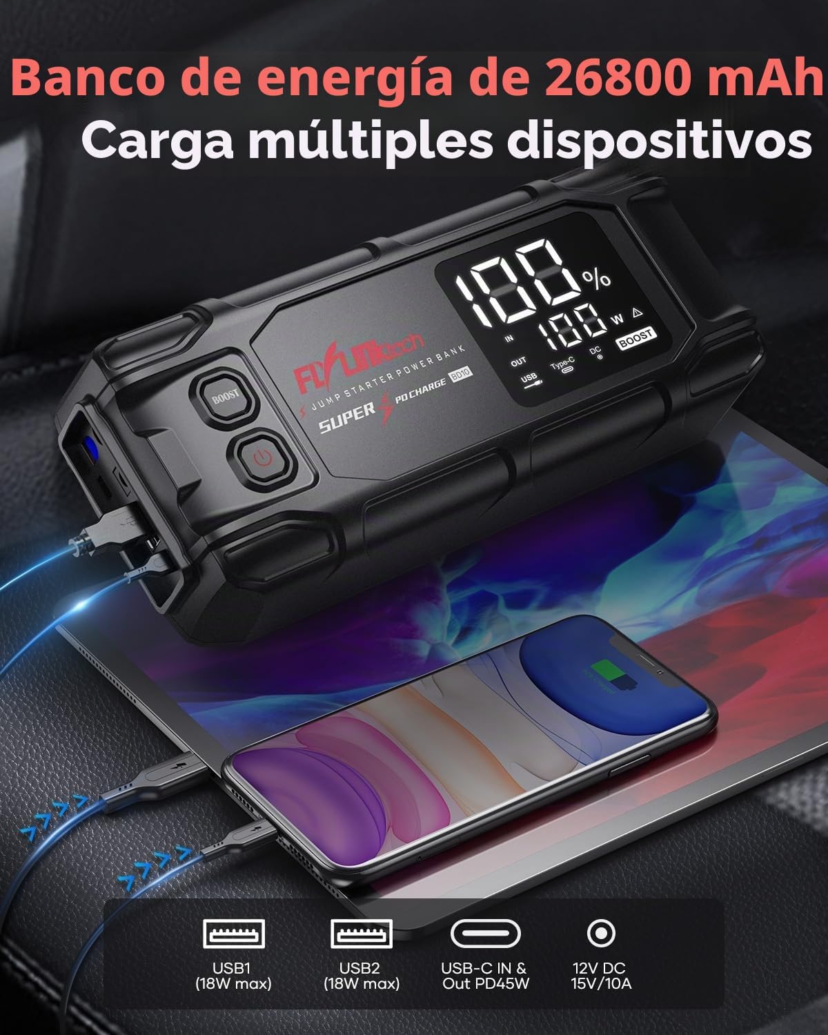 FLYLINKTECH Arrancador de batería de automóvil, 6000 A pico 26800 m...