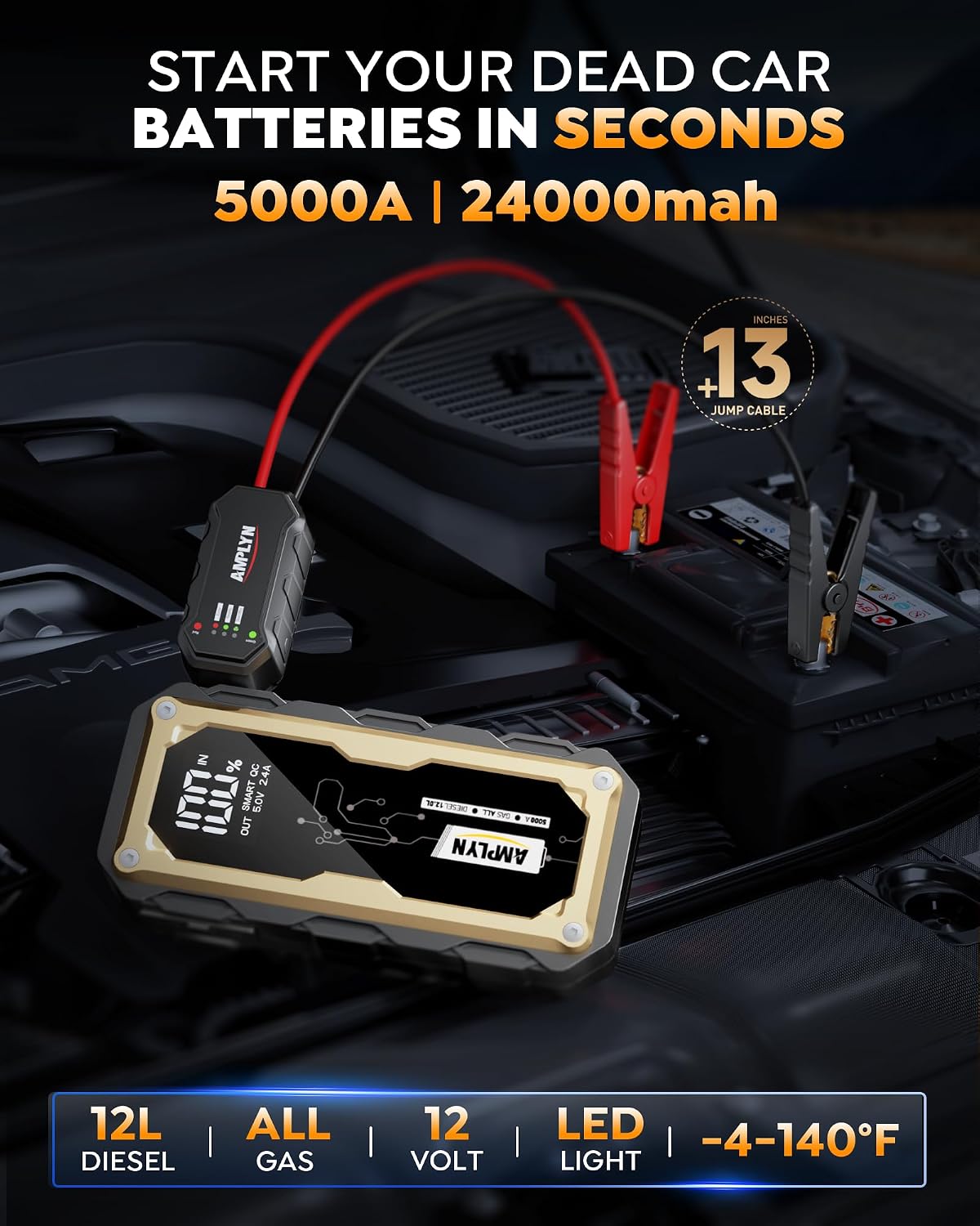 Arrancador de coche con cargador rápido de 65 W, batería de 24000 m...