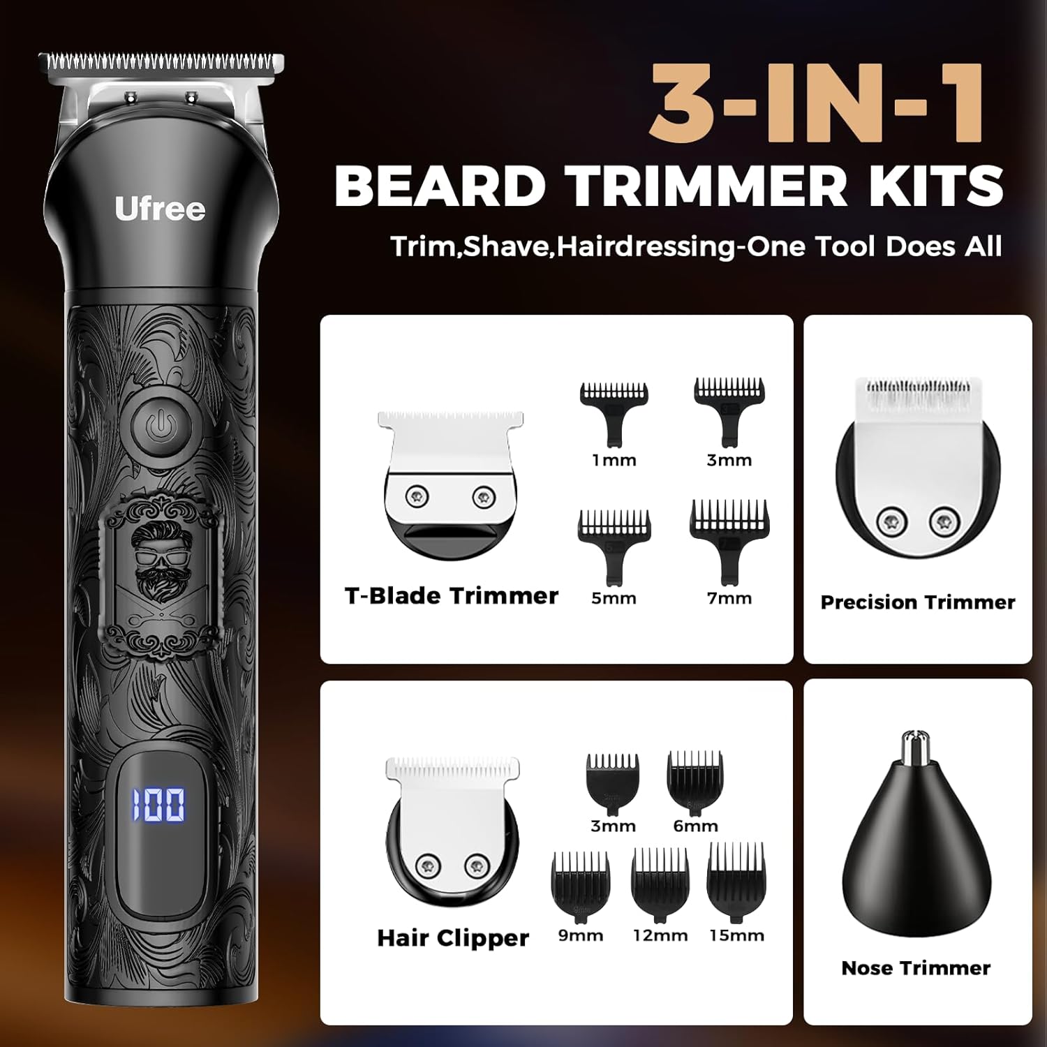Ufree Recortadora de barba para hombres, afeitadora eléctrica de lá...
