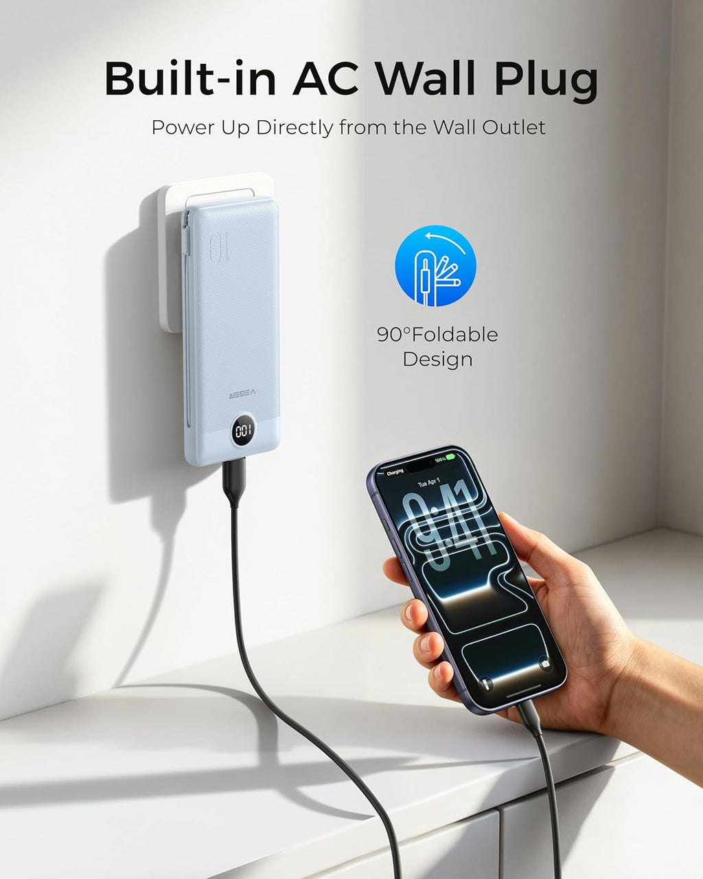 VEGER Cargador portátil para iPhone con cables integrados y enchufe...