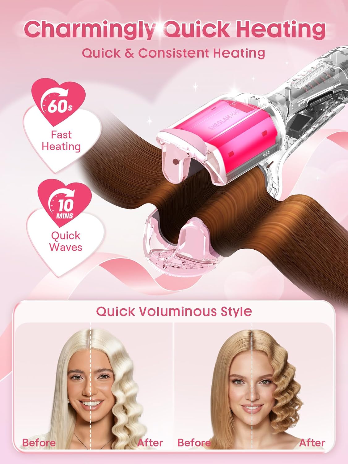 SHEGLAM Ondulador de cabello ondulado de playa (rosa, 0.75 pulgadas)