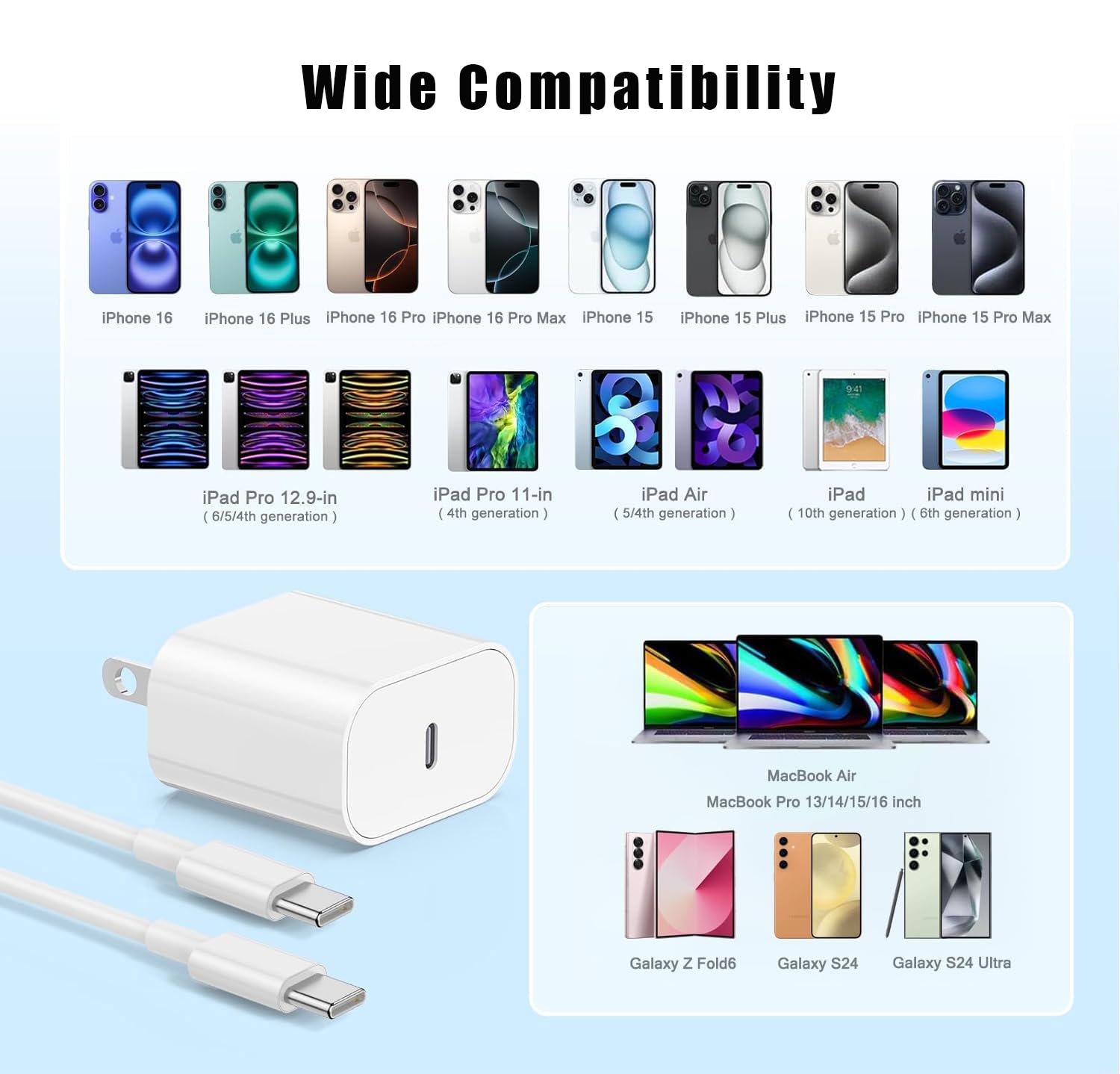 Cargador USB C para iPhone 16\/15 de carga rápida, cargador de pare...