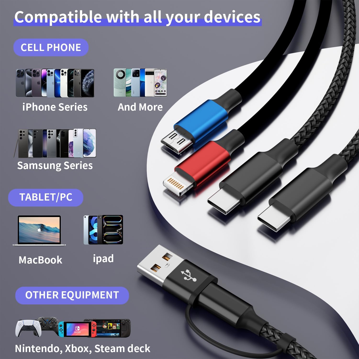 Cable de carga de viaje 4 en 2 con puerto dual tipo C, cables de ca...
