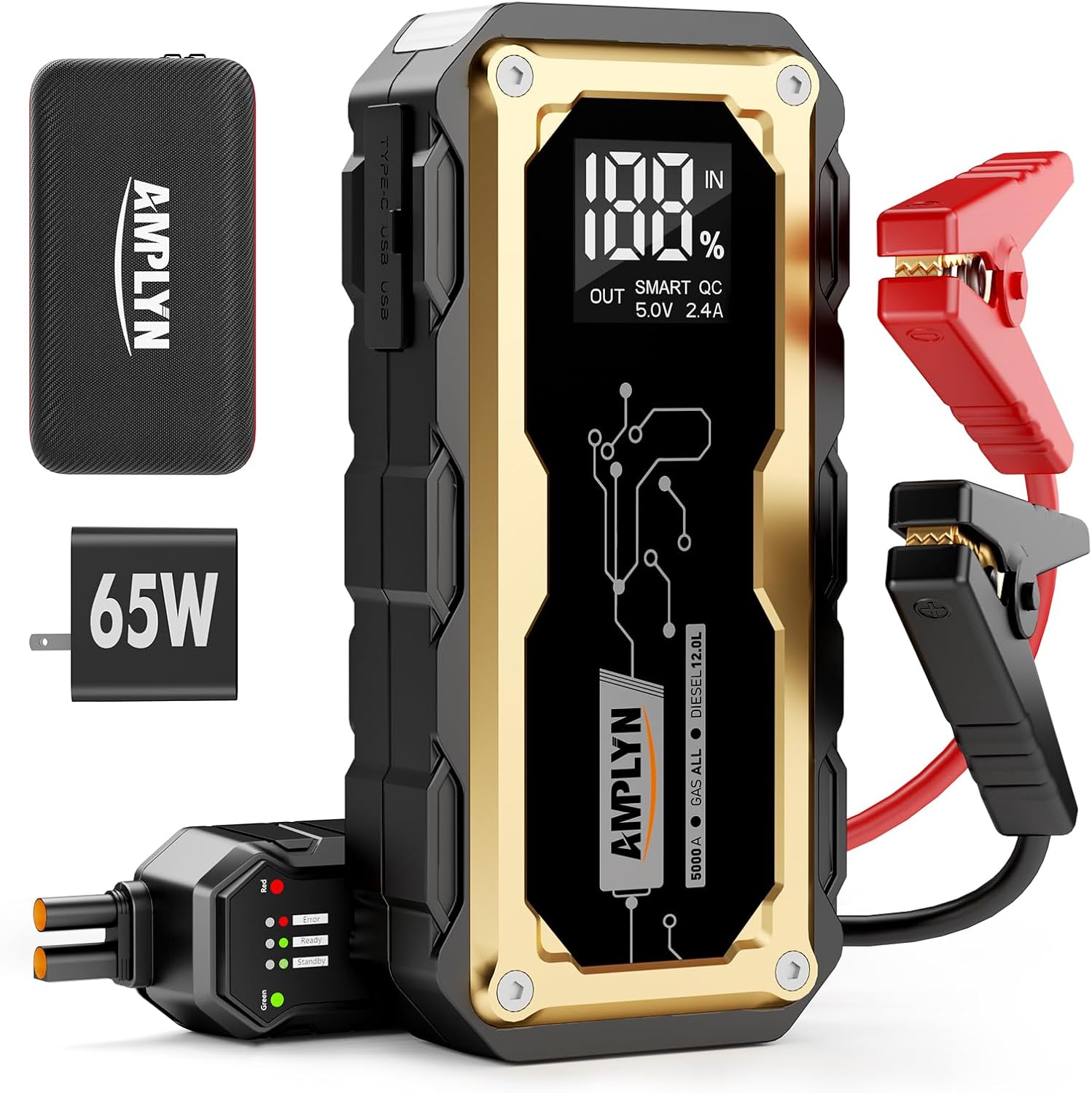 Arrancador de coche con cargador rápido de 65 W, batería de 24000 m...