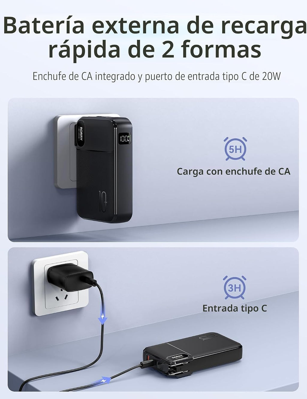 RORRY Cargador portátil con cables incorporados, cargador de pared...