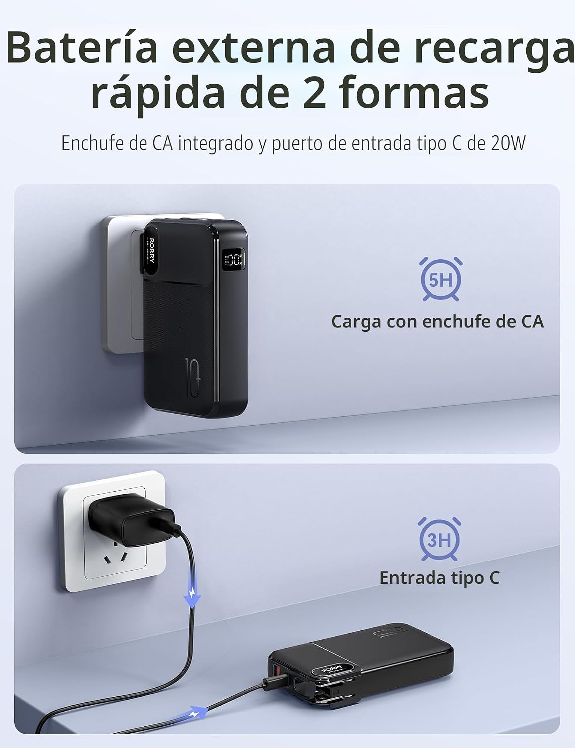 RORRY Cargador portátil con cables incorporados, cargador de pared...