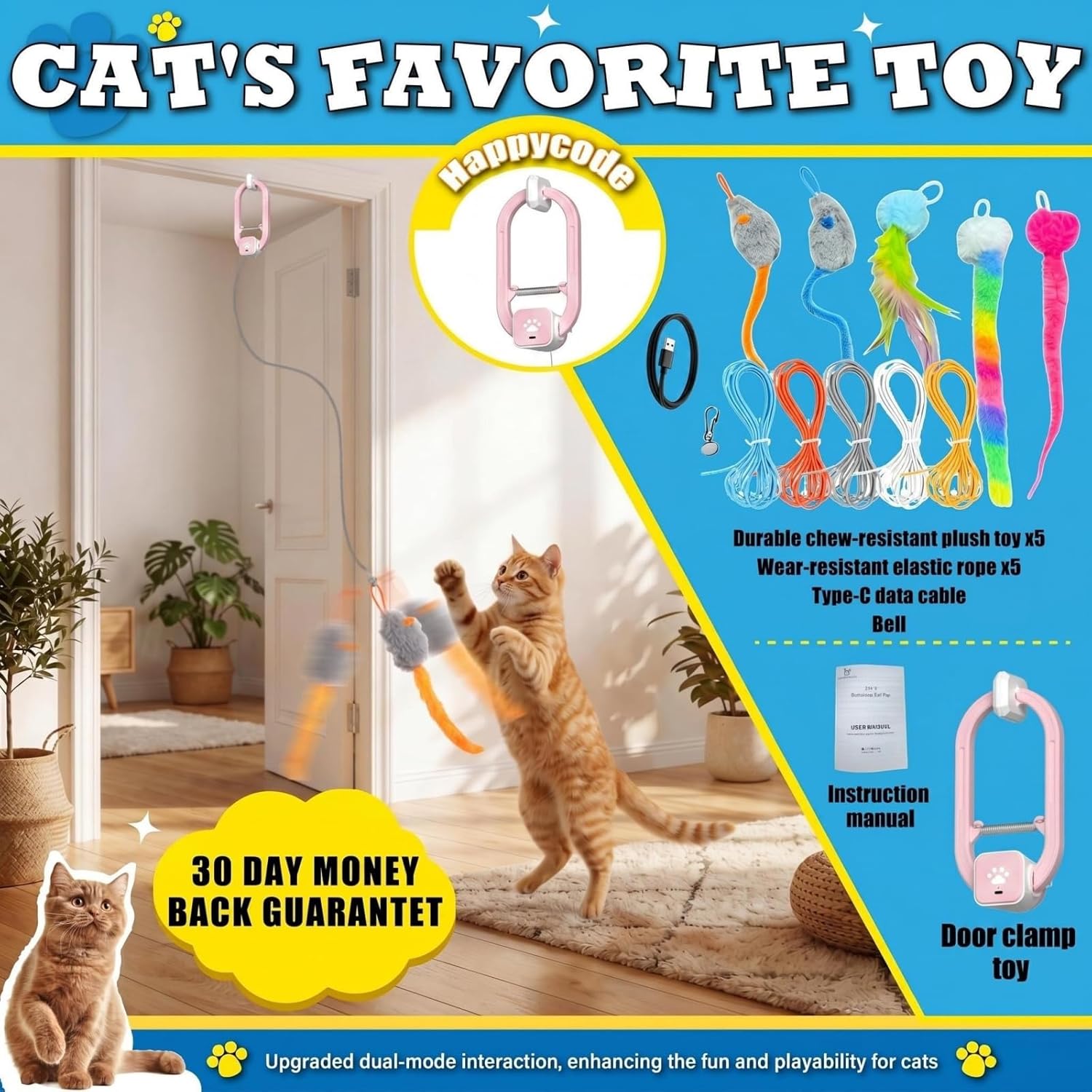 HAPPYCODE Teaser eléctrico recargable para gatos, juego de clip de...