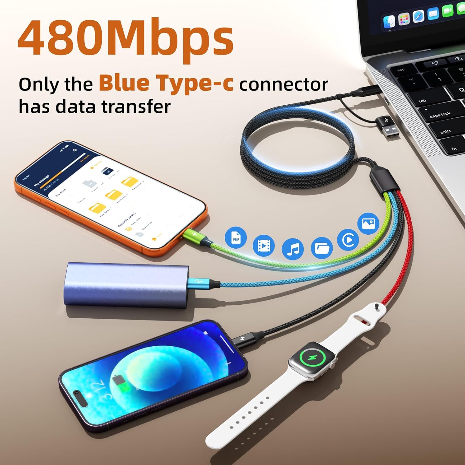 Firsting Dual Type-C Port 4 in 2 Multi Charging Cable for iWatch, T...