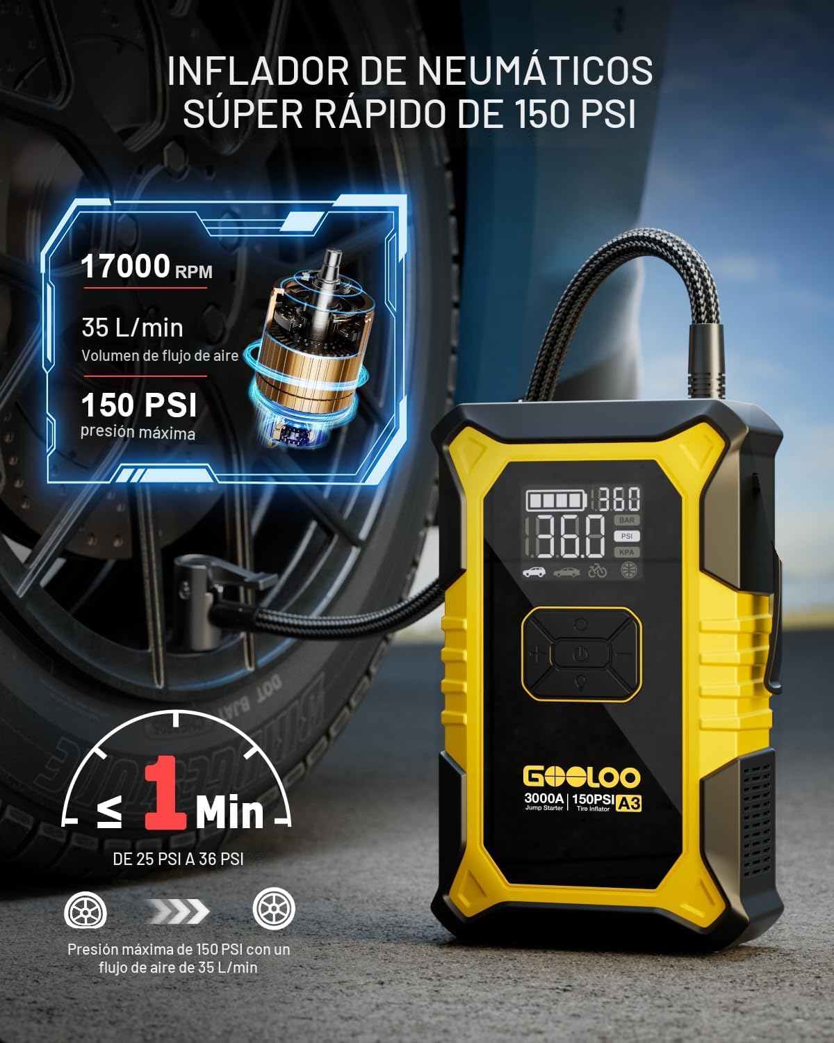 GOOLOO Arrancador de salto A3 con compresor de aire, batería de coc...