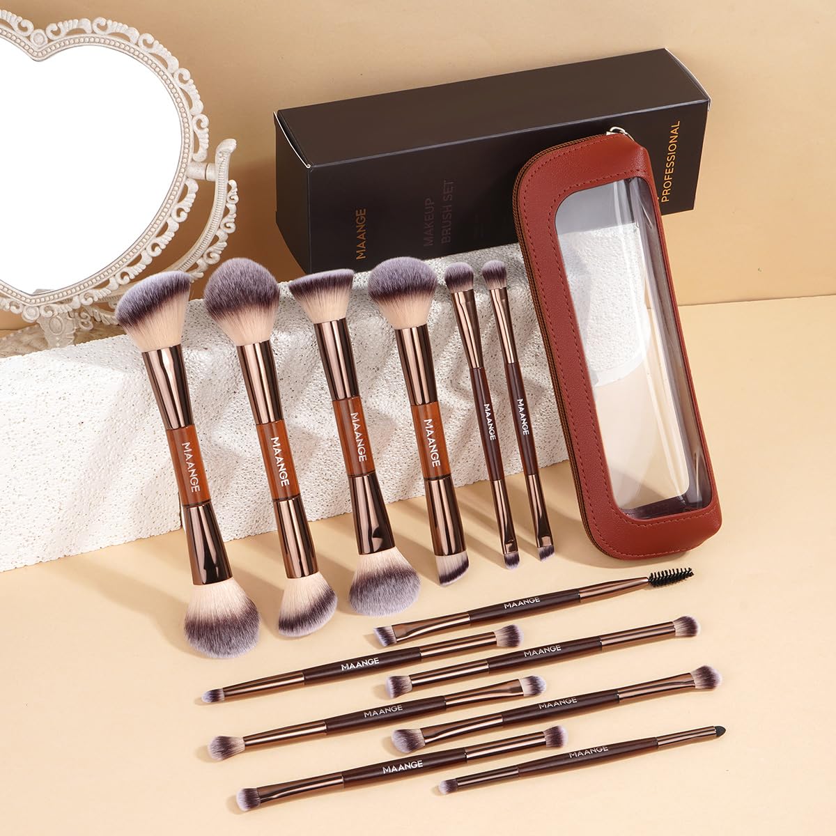 MAANGE Juego de 13 brochas de maquillaje de base con bolsa, brochas...