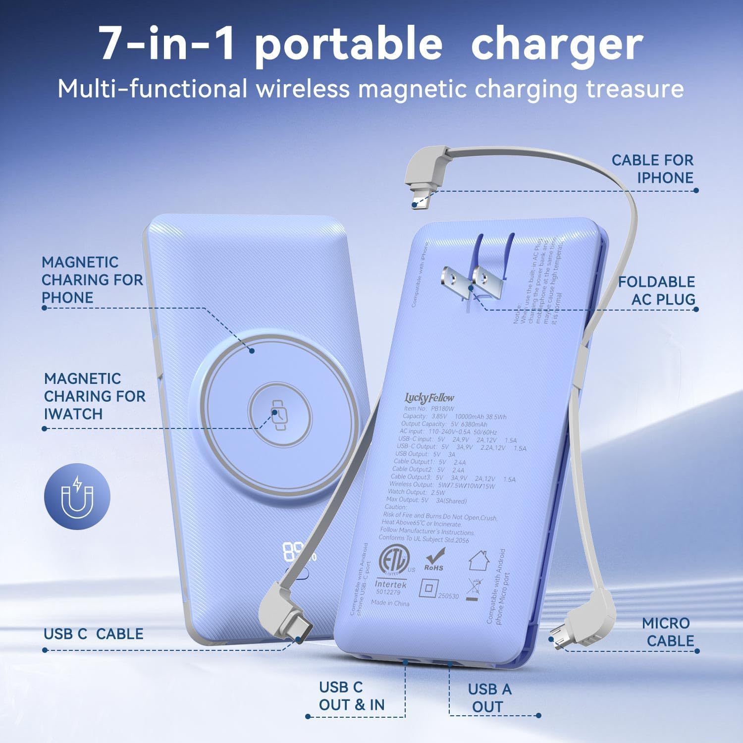 Cargador portátil magnético de 10000 mAh para iWatch y iPhone, 22,5...