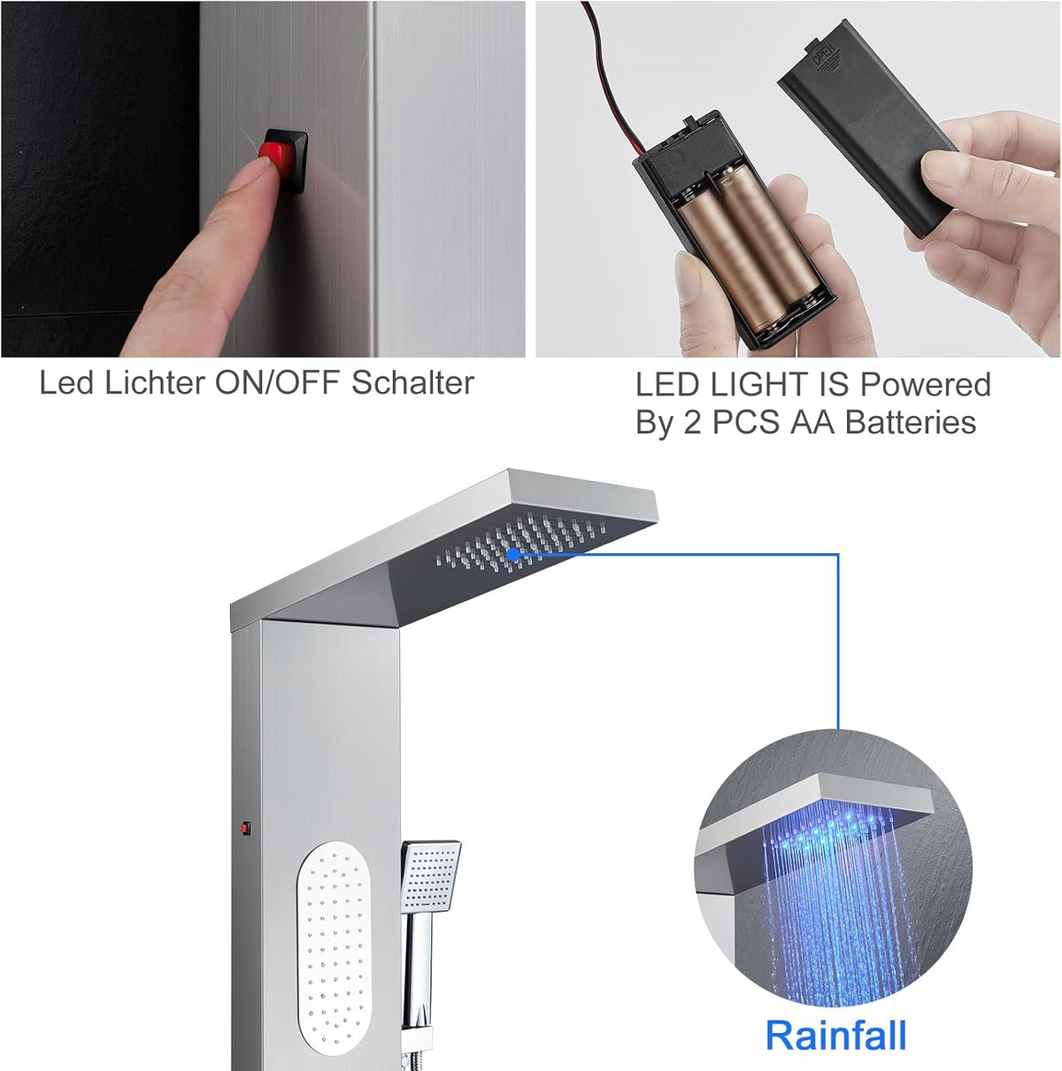 MENATT Sistema de torre de panel de ducha LED de 5 funciones, 4 cho...
