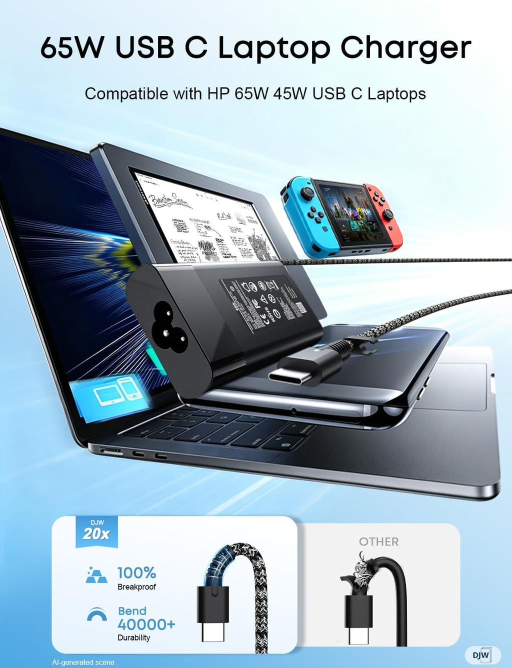 DJW Cargador USB C de 65 W para laptop compatible con HP Spectre x3...