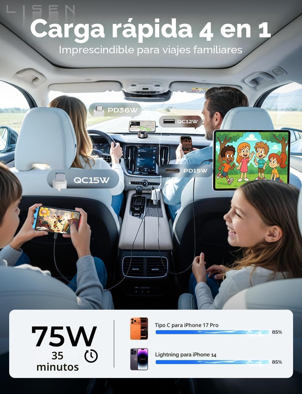 LISEN Cargador retráctil de coche para iPhone, para iPhone 17 Pro M...