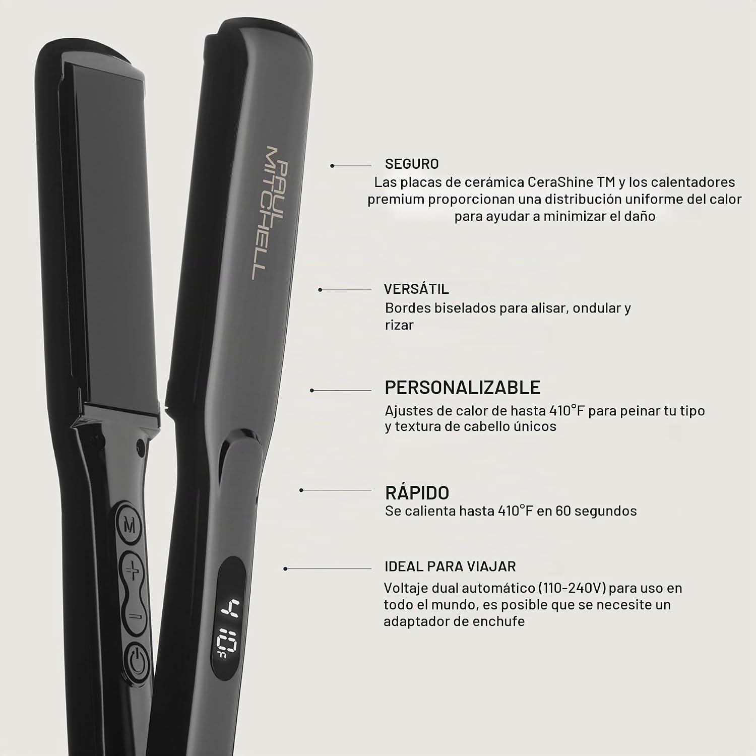 Plancha alisadora de cerámica Paul Mitchell Smooth+, ajustes de cal...