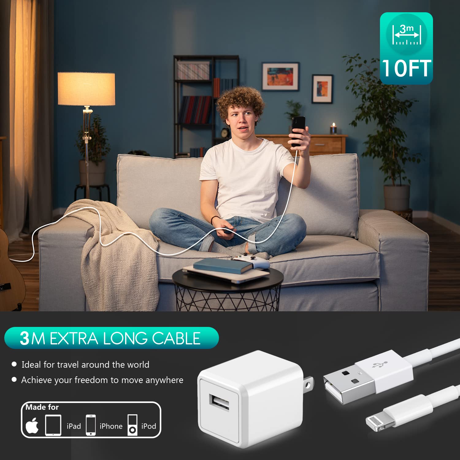 Paquete de 3 cargadores de iPhone de 10 pies, [certificado MFi de A...