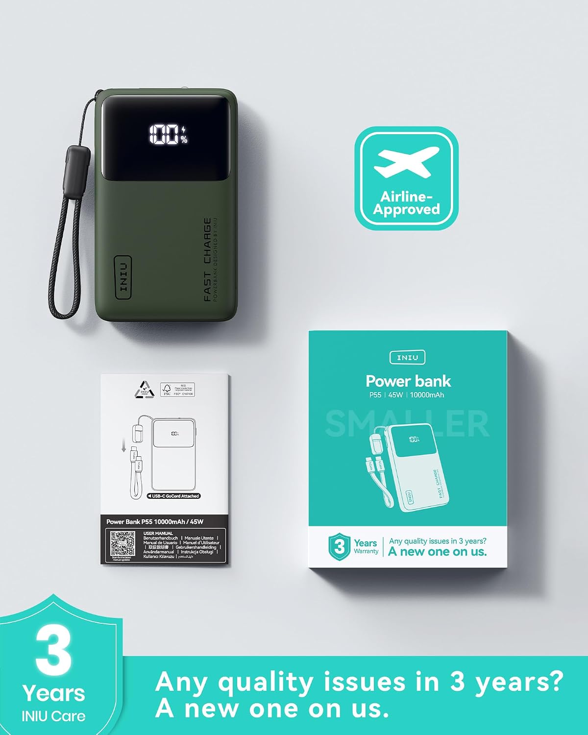 INIU - Banco de energía ultra compacto, 10000 mAh, 45 W, cargador p...