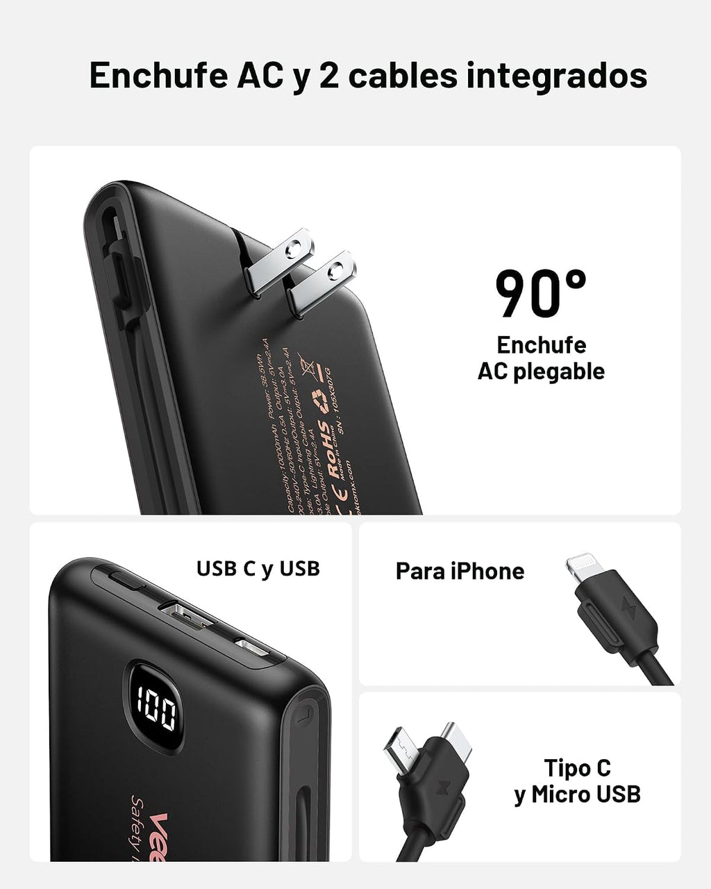 Cargador portátil de batería con cables integrados y enchufe de par...