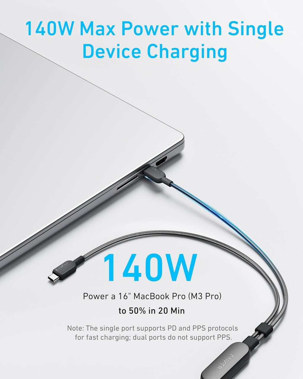 Cable Anker, Cable USB C a USB C de 6 pies 2 en 1 140W máx., carga...