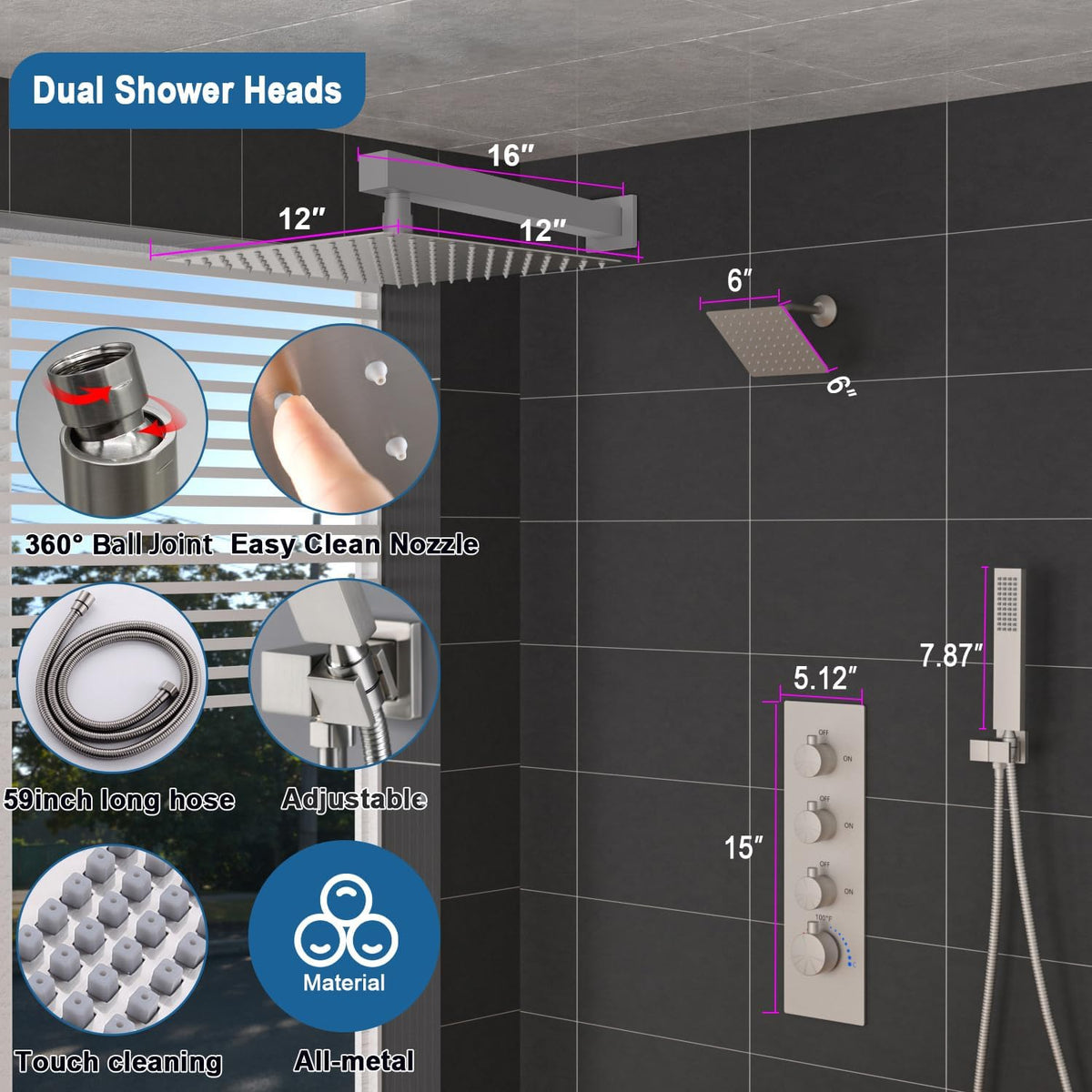 Enga - Sistema termostático de ducha dual de 12"+6" de mont...