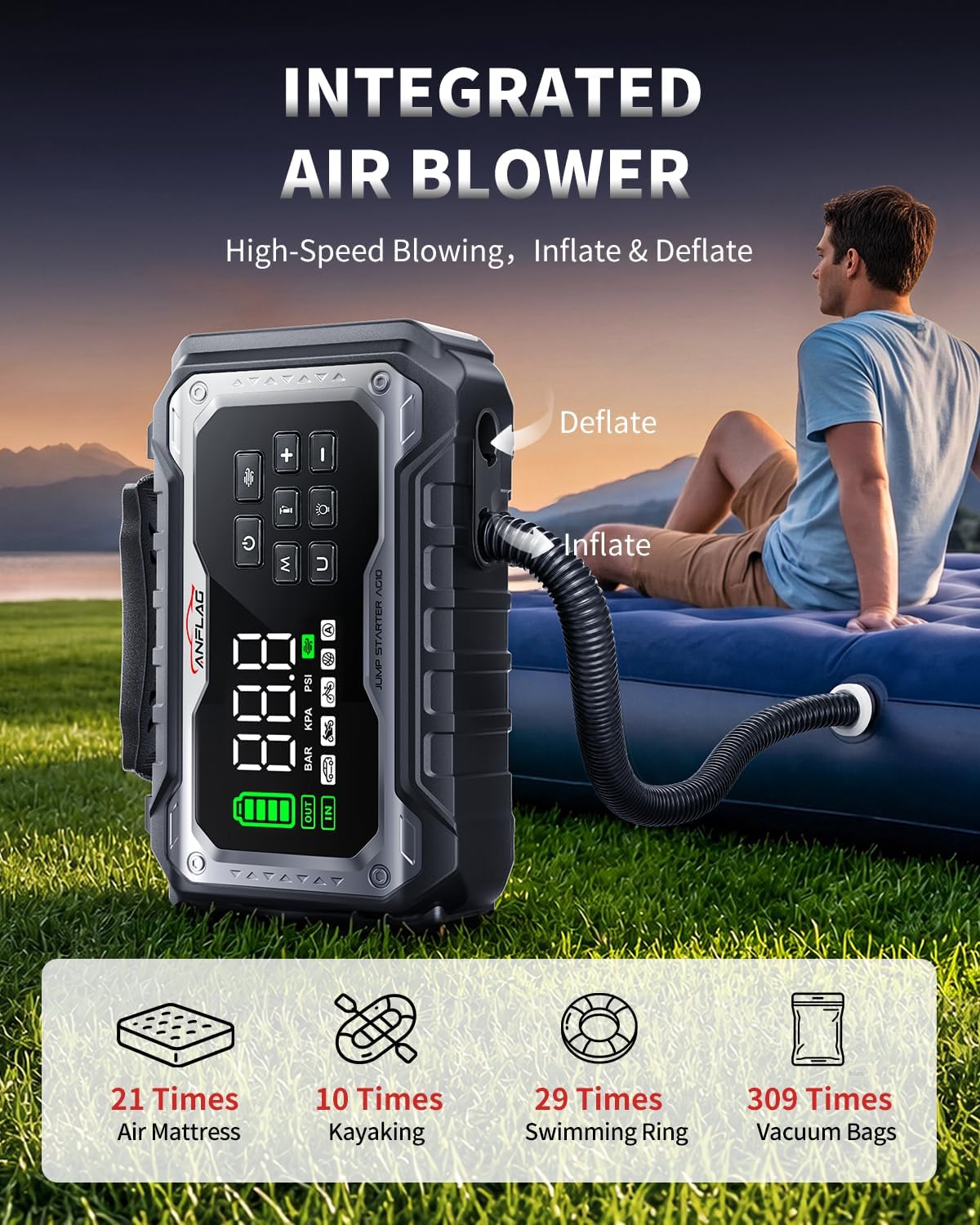 Arrancador de batería de coche con compresor de aire, batería de 80...