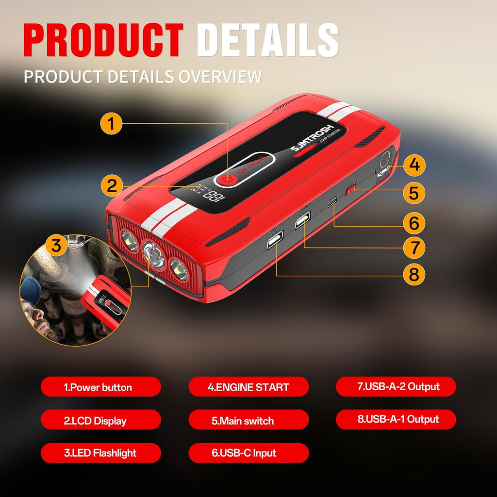 Arrancador de salto 5000A pico (4000A Jump Starter Rojo)