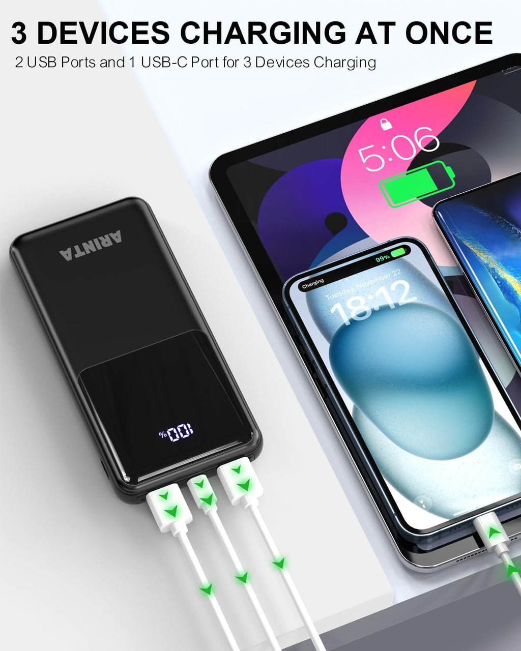 ARINTA Cargador portátil Power Bank de 10000 mAh PD 22.5 W, pantall...