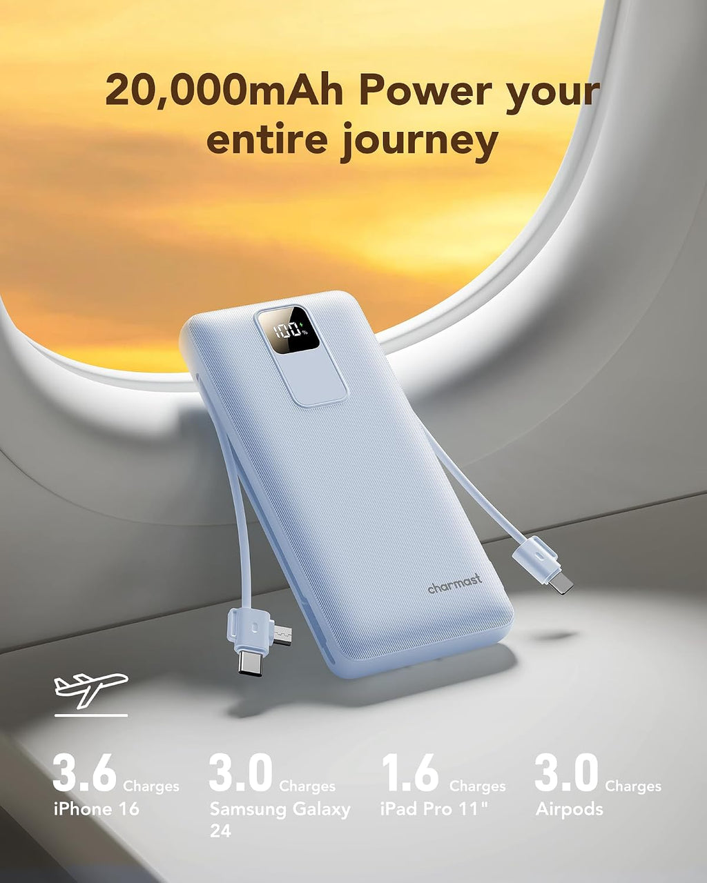 Charmast Cargador portátil de 20000mAh con cables incorporados y en...