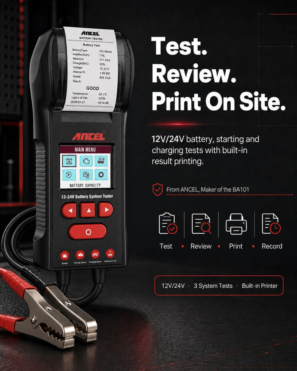 ANCEL BST600 - Probador de batería de coche con impresora - 12V\/24...