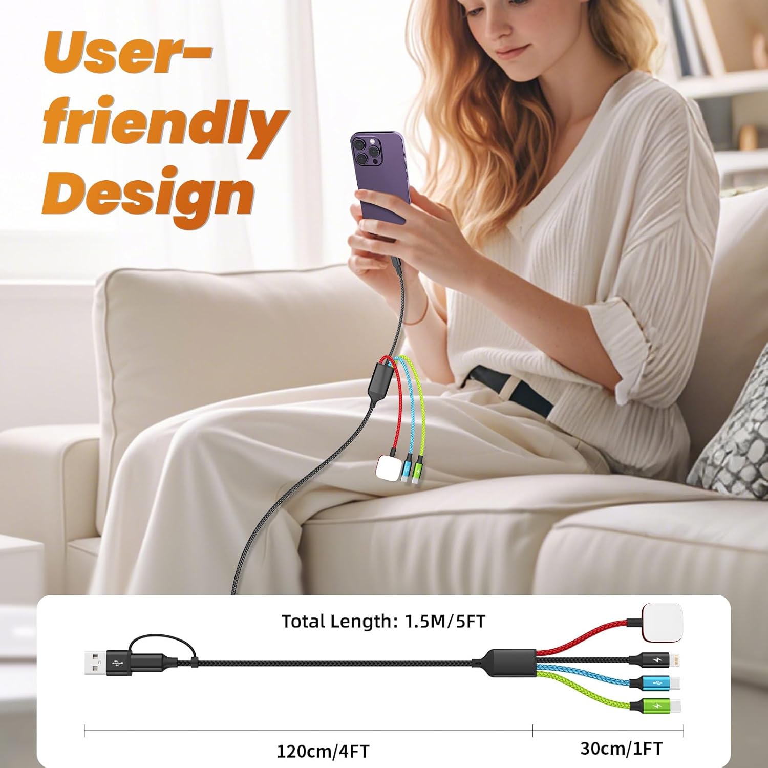 Firsting Dual Type-C Port 4 in 2 Multi Charging Cable for iWatch, T...