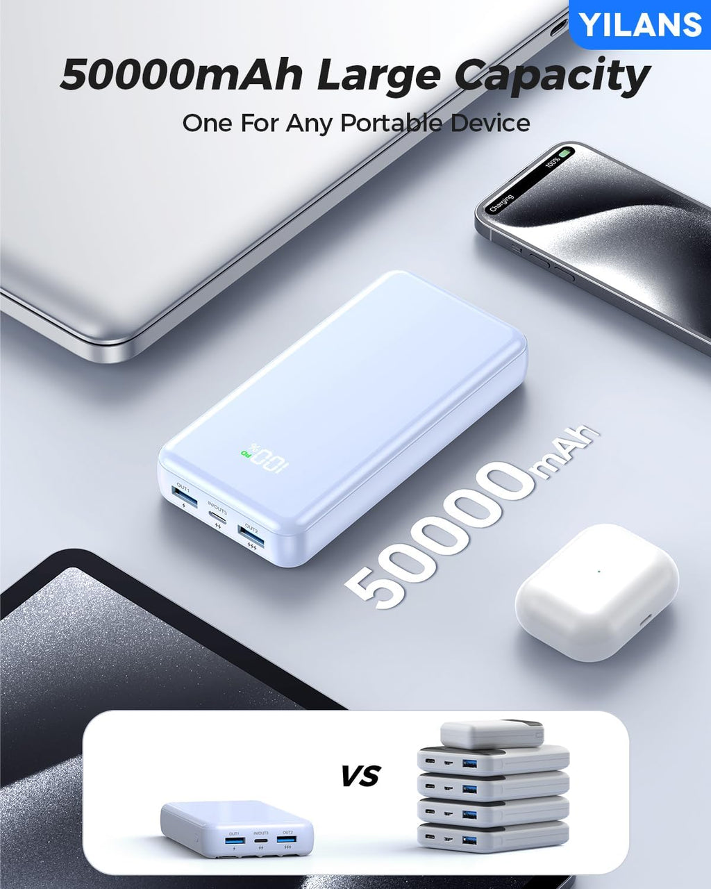 YILANS Cargador portátil, banco de energía de 50000 mAh, cable inte...